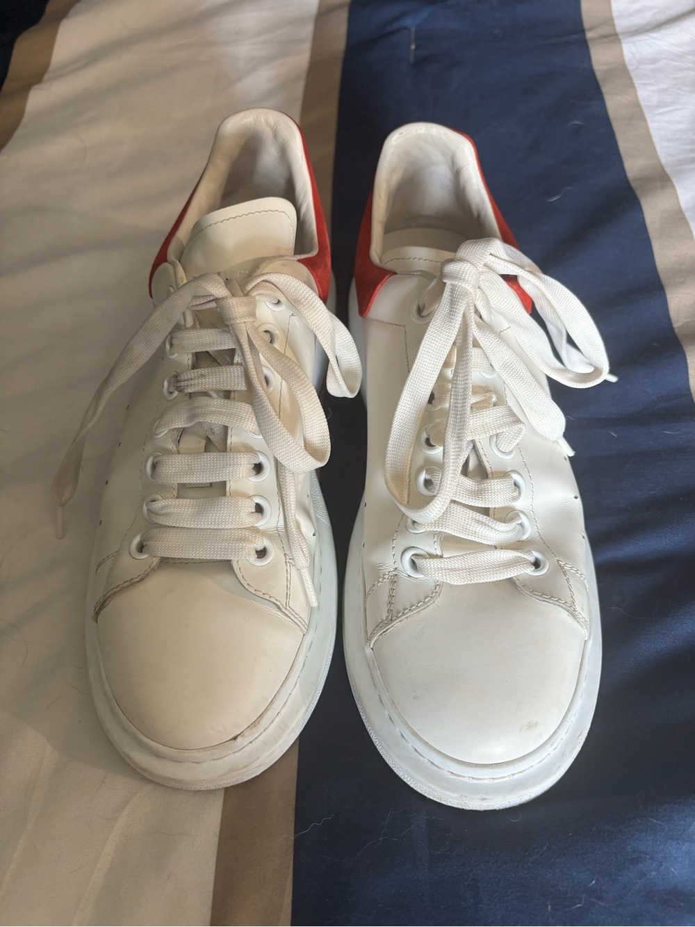 Alexander McQueen White Leather Sneakers with Red Heel Tab